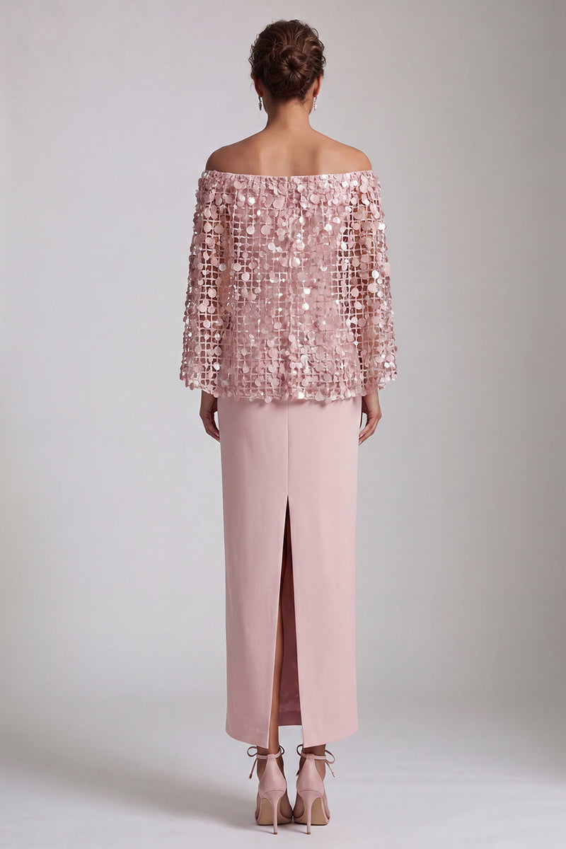 Load image into Gallery viewer, Sparkly Dusty Rose Sequins Sheath Long Mother of the Bride Dress with Cape