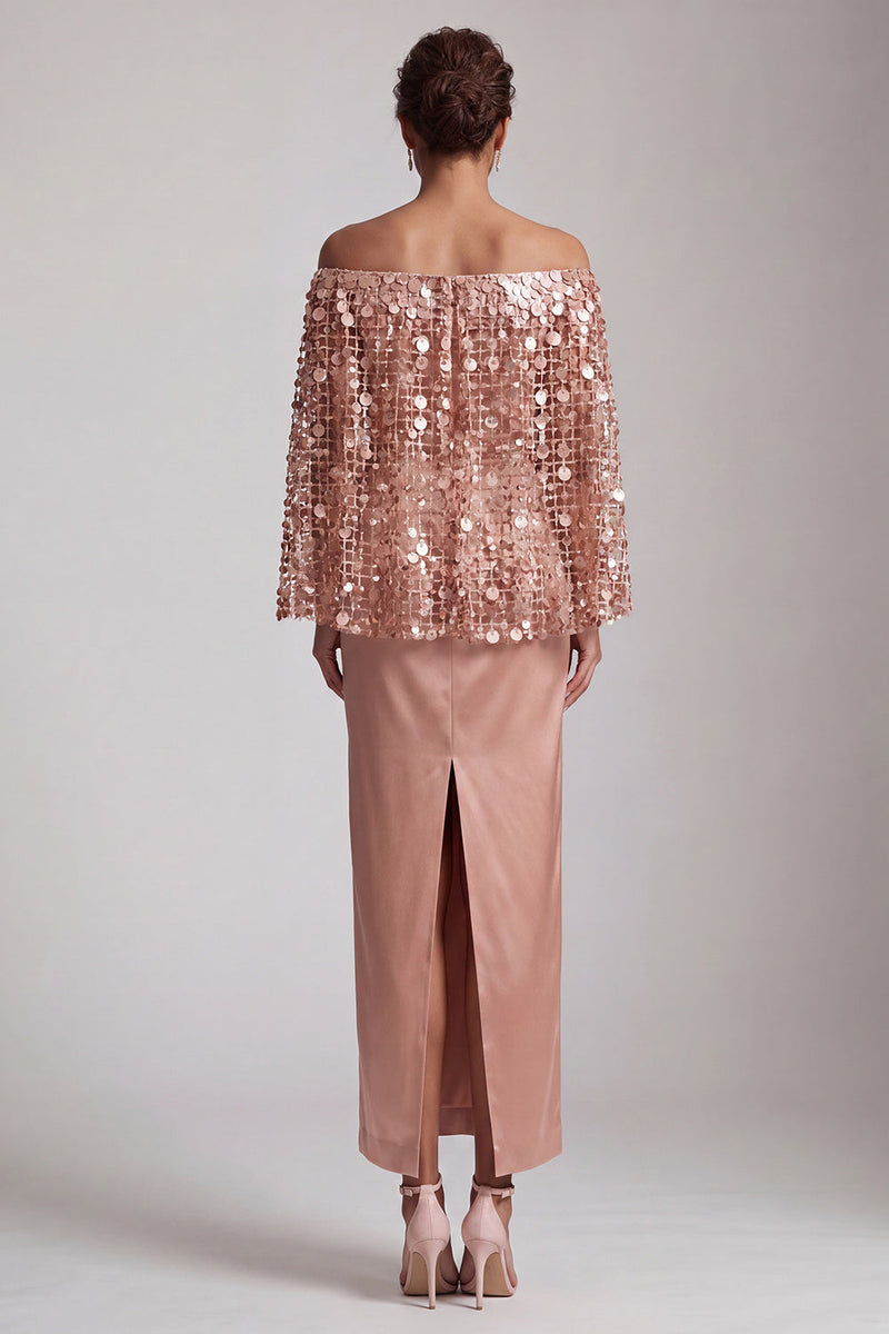 Load image into Gallery viewer, Sparkly Dusty Rose Sequins Sheath Long Mother of the Bride Dress with Cape