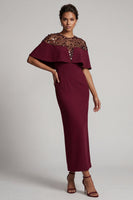 Load image into Gallery viewer, Sheath Sequins Sparkly Burgundy Long Mother of the Bride Dress with Cape