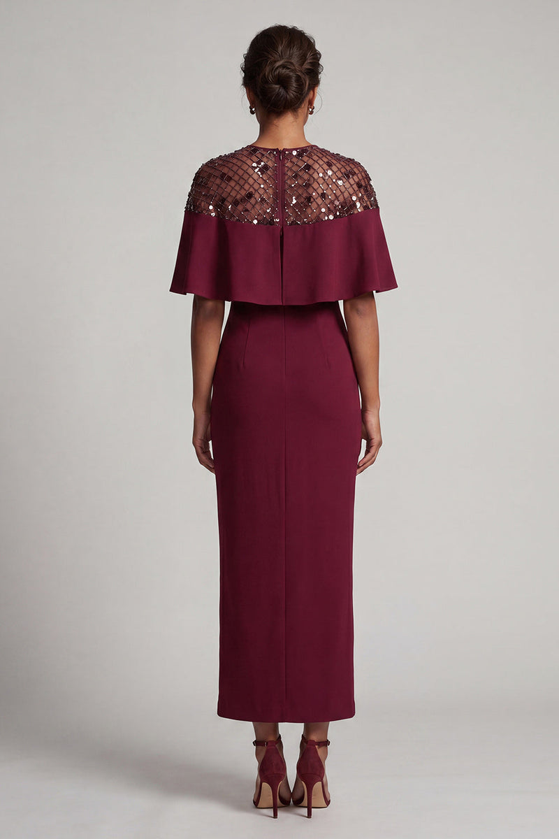 Load image into Gallery viewer, Sheath Sequins Sparkly Burgundy Long Mother of the Bride Dress with Cape