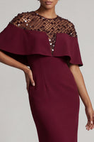 Load image into Gallery viewer, Sheath Sequins Sparkly Burgundy Long Mother of the Bride Dress with Cape