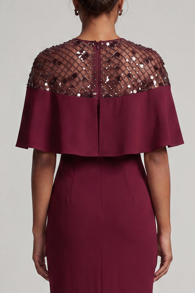 Load image into Gallery viewer, Sheath Sequins Sparkly Burgundy Long Mother of the Bride Dress with Cape