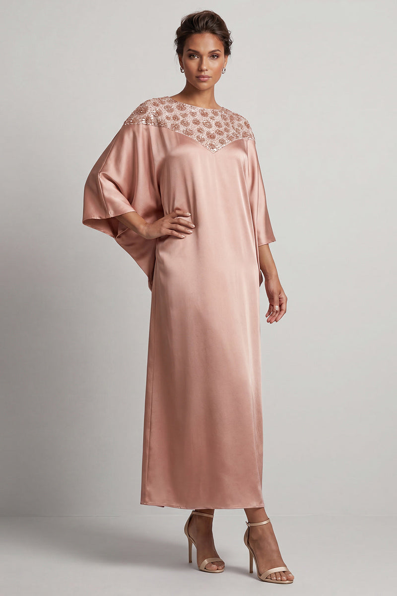 Load image into Gallery viewer, Sparkly Pink Sheath Boat Neck Long Mother of the Bride Dress with Sleeves