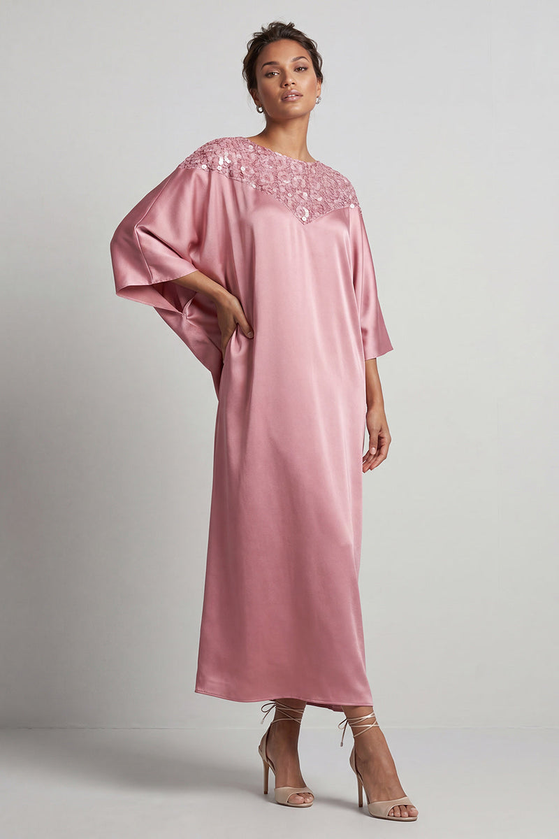 Load image into Gallery viewer, Sparkly Pink Sheath Boat Neck Long Mother of the Bride Dress with Sleeves