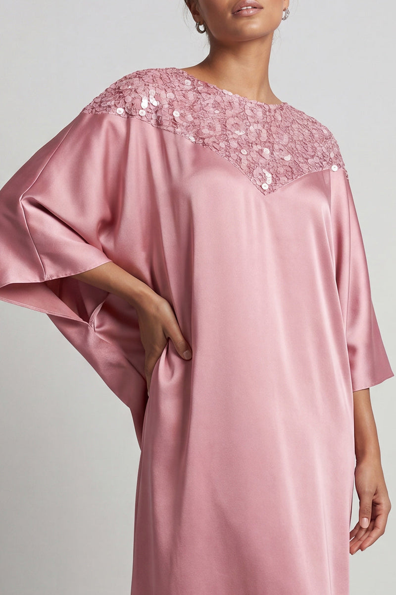 Load image into Gallery viewer, Sparkly Pink Sheath Boat Neck Long Mother of the Bride Dress with Sleeves