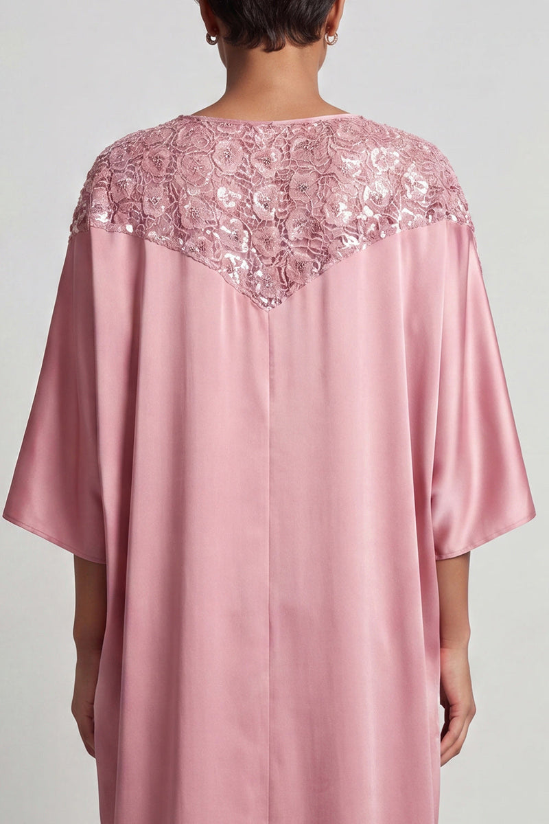Load image into Gallery viewer, Sparkly Pink Sheath Boat Neck Long Mother of the Bride Dress with Sleeves