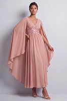 Load image into Gallery viewer, Sparkly Pink Beaded V-Neck A Line Long Mother of the Bride Dress with Cape