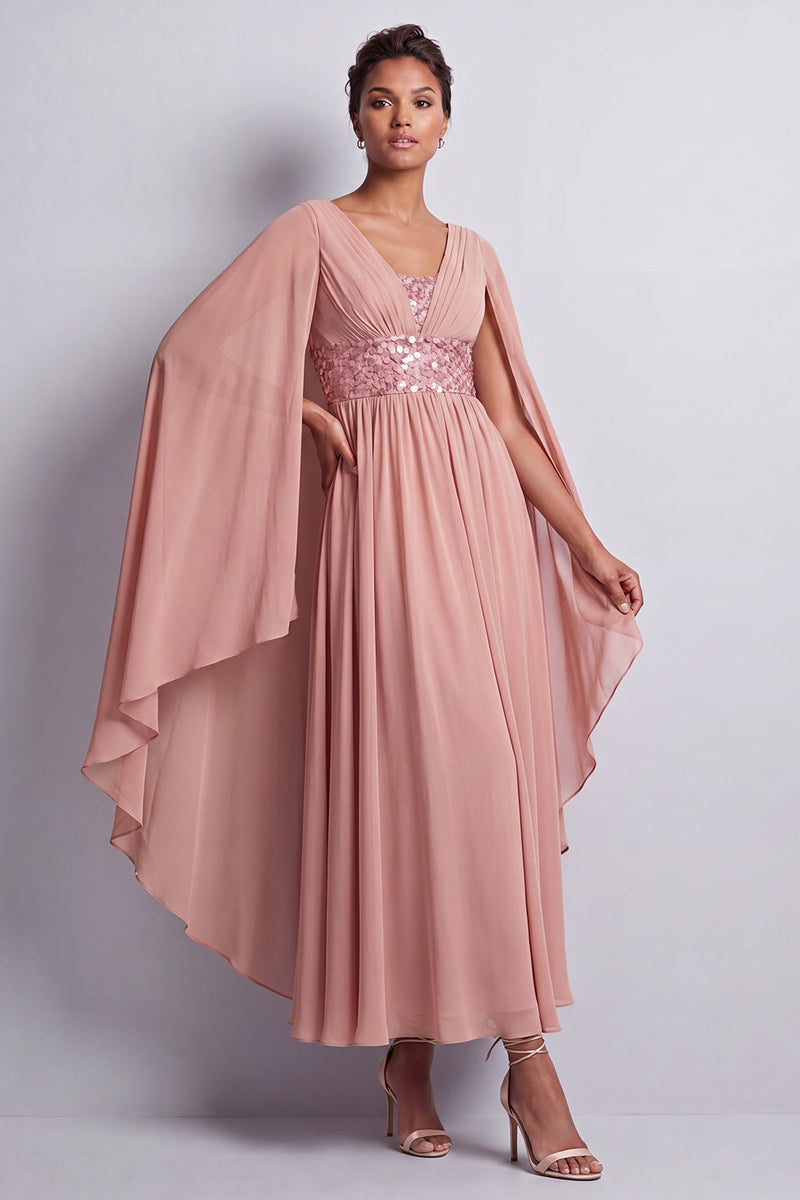 Load image into Gallery viewer, Sparkly Pink Beaded V-Neck A Line Long Mother of the Bride Dress with Cape