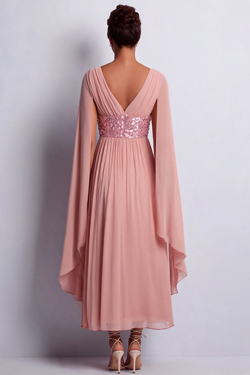 Load image into Gallery viewer, Sparkly Pink Beaded V-Neck A Line Long Mother of the Bride Dress with Cape