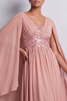 Load image into Gallery viewer, Sparkly Pink Beaded V-Neck A Line Long Mother of the Bride Dress with Cape