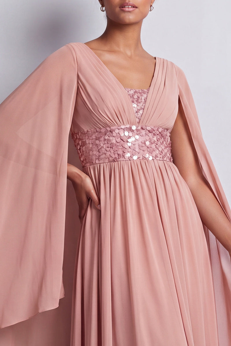 Load image into Gallery viewer, Sparkly Pink Beaded V-Neck A Line Long Mother of the Bride Dress with Cape