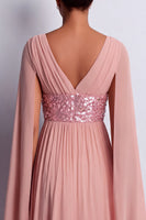 Load image into Gallery viewer, Sparkly Pink Beaded V-Neck A Line Long Mother of the Bride Dress with Cape
