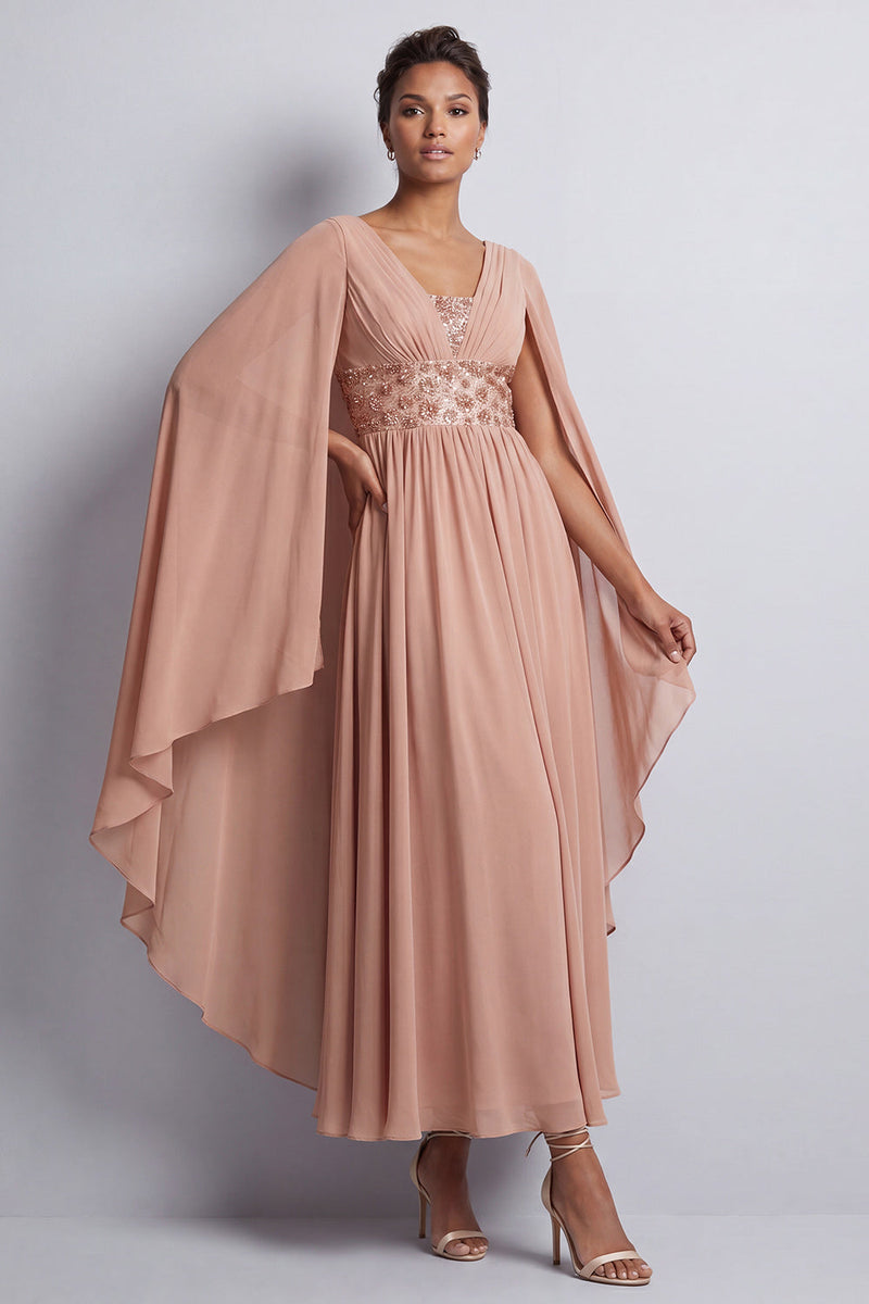 Load image into Gallery viewer, Sparkly Pink Beaded V-Neck A Line Long Mother of the Bride Dress with Cape