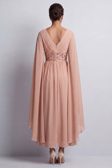 Sparkly Pink Beaded V-Neck A Line Long Mother of the Bride Dress with Cape