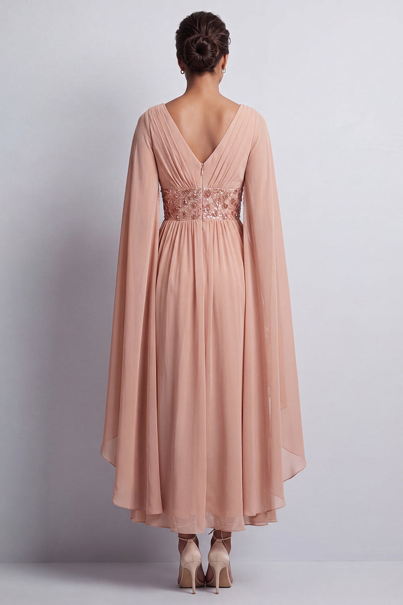 Load image into Gallery viewer, Sparkly Pink Beaded V-Neck A Line Long Mother of the Bride Dress with Cape