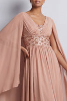 Load image into Gallery viewer, Sparkly Pink Beaded V-Neck A Line Long Mother of the Bride Dress with Cape