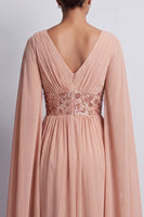 Load image into Gallery viewer, Sparkly Pink Beaded V-Neck A Line Long Mother of the Bride Dress with Cape