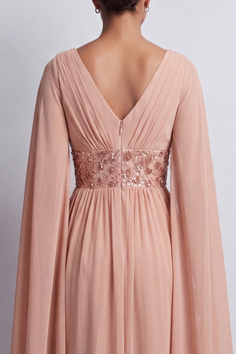 Load image into Gallery viewer, Sparkly Pink Beaded V-Neck A Line Long Mother of the Bride Dress with Cape