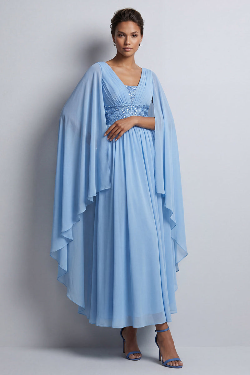 Load image into Gallery viewer, Sparkly Pink Beaded V-Neck A Line Long Mother of the Bride Dress with Cape