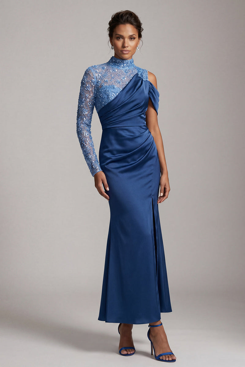 Load image into Gallery viewer, Sparkly Champagne Mermaid Asymmetrical Shoulder Long Mother of the Bride Dress with Slit