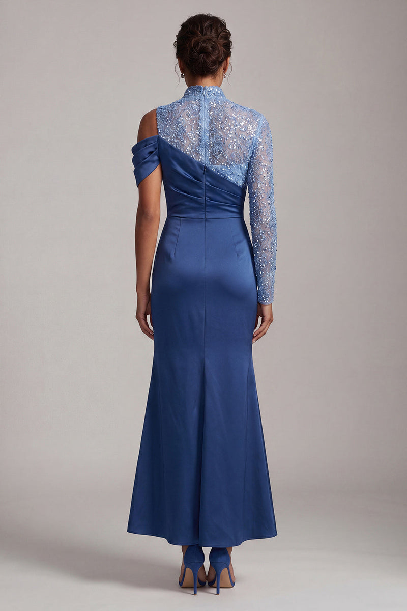 Load image into Gallery viewer, Sparkly Champagne Mermaid Asymmetrical Shoulder Long Mother of the Bride Dress with Slit