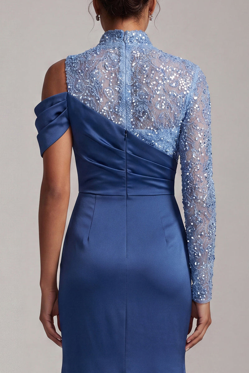 Load image into Gallery viewer, Sparkly Champagne Mermaid Asymmetrical Shoulder Long Mother of the Bride Dress with Slit