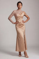 Load image into Gallery viewer, Sparkly Champagne Mermaid Asymmetrical Shoulder Long Mother of the Bride Dress with Slit