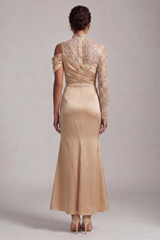 Sparkly Champagne Mermaid Asymmetrical Shoulder Long Mother of the Bride Dress with Slit