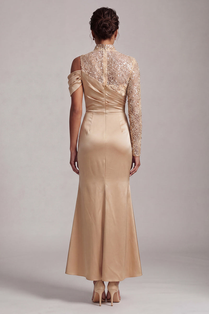 Load image into Gallery viewer, Sparkly Champagne Mermaid Asymmetrical Shoulder Long Mother of the Bride Dress with Slit