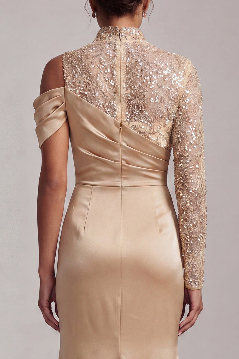 Load image into Gallery viewer, Sparkly Champagne Mermaid Asymmetrical Shoulder Long Mother of the Bride Dress with Slit