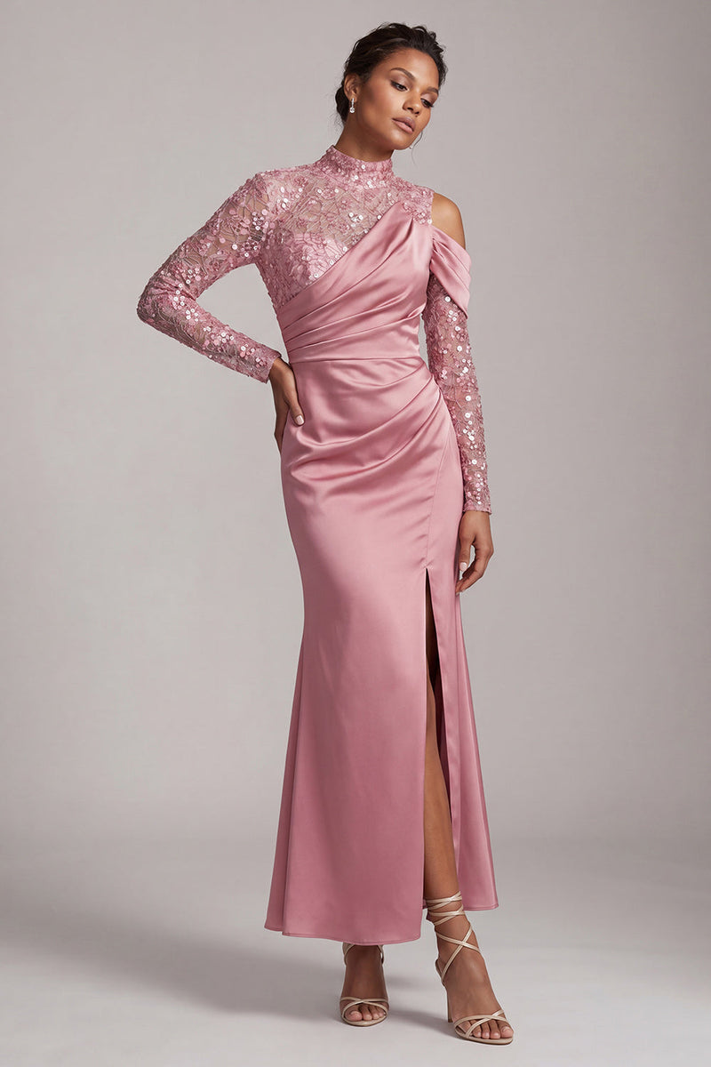 Load image into Gallery viewer, Sparkly Champagne Mermaid Asymmetrical Shoulder Long Mother of the Bride Dress with Slit