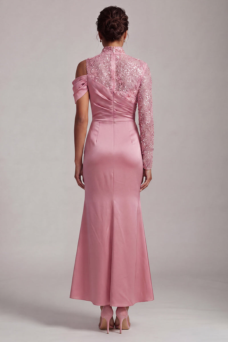 Load image into Gallery viewer, Sparkly Champagne Mermaid Asymmetrical Shoulder Long Mother of the Bride Dress with Slit