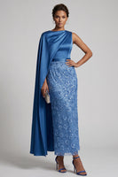 Load image into Gallery viewer, Sparkly Dusty Rose Sheath Beaded Long Mother of the Bride Dress with Side Cape