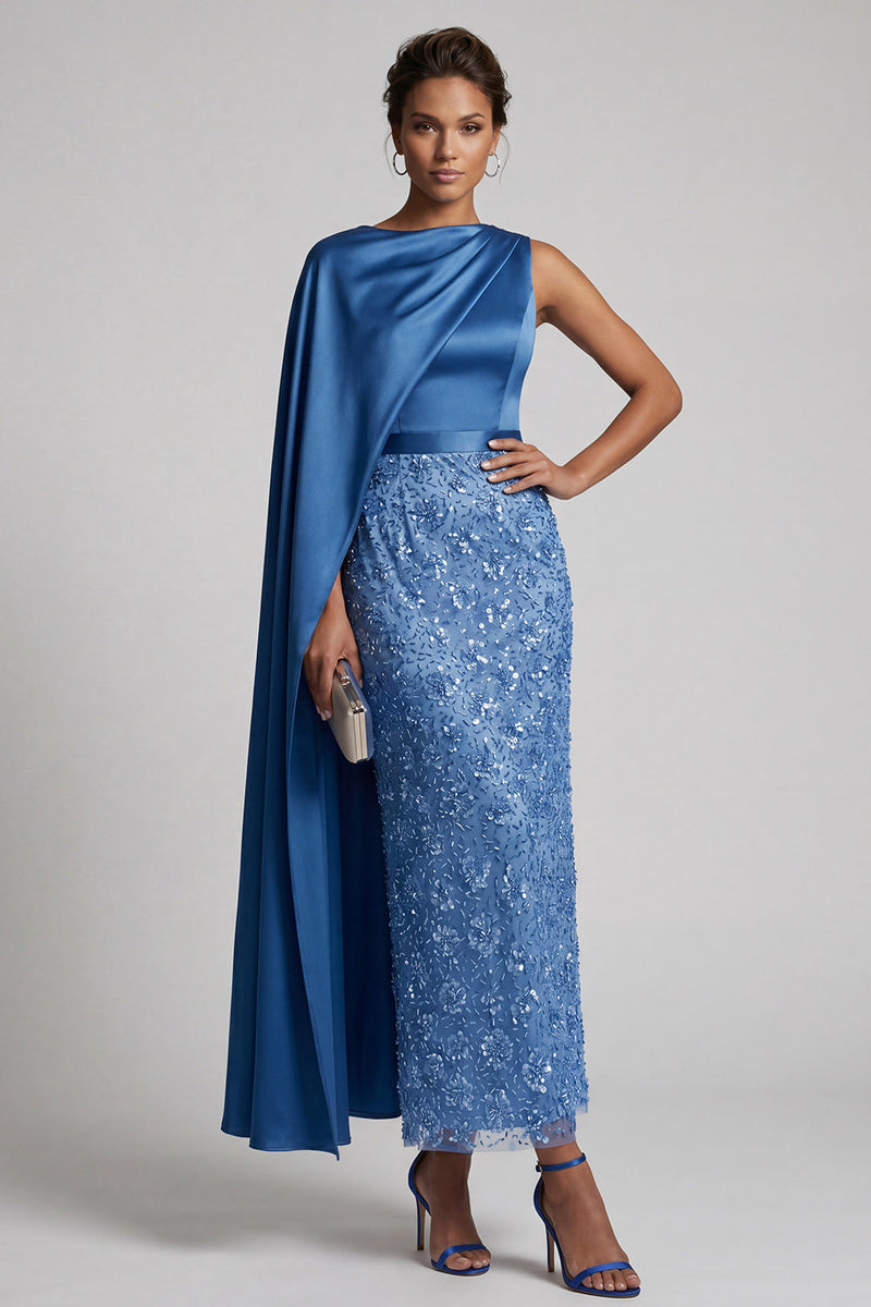 Load image into Gallery viewer, Sparkly Dusty Rose Sheath Beaded Long Mother of the Bride Dress with Side Cape