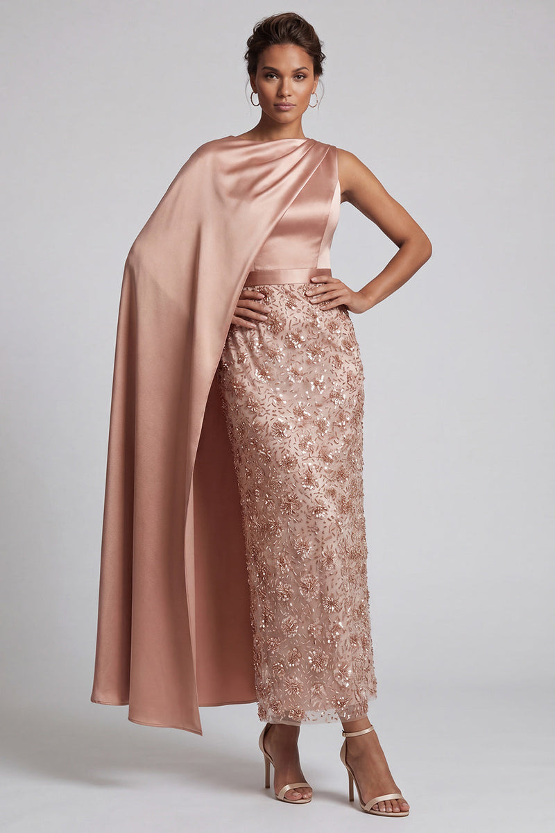Load image into Gallery viewer, Sparkly Dusty Rose Sheath Beaded Long Mother of the Bride Dress with Side Cape