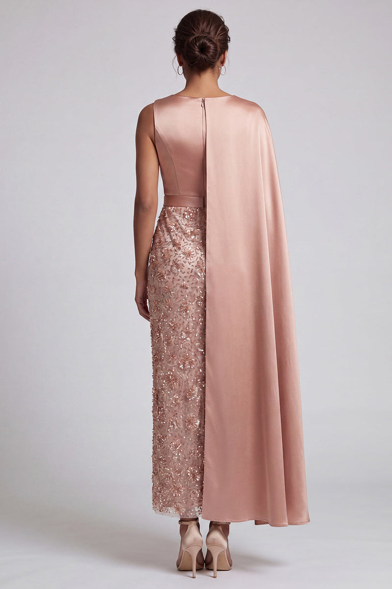 Load image into Gallery viewer, Sparkly Dusty Rose Sheath Beaded Long Mother of the Bride Dress with Side Cape