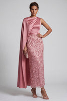 Load image into Gallery viewer, Sparkly Dusty Rose Sheath Beaded Long Mother of the Bride Dress with Side Cape