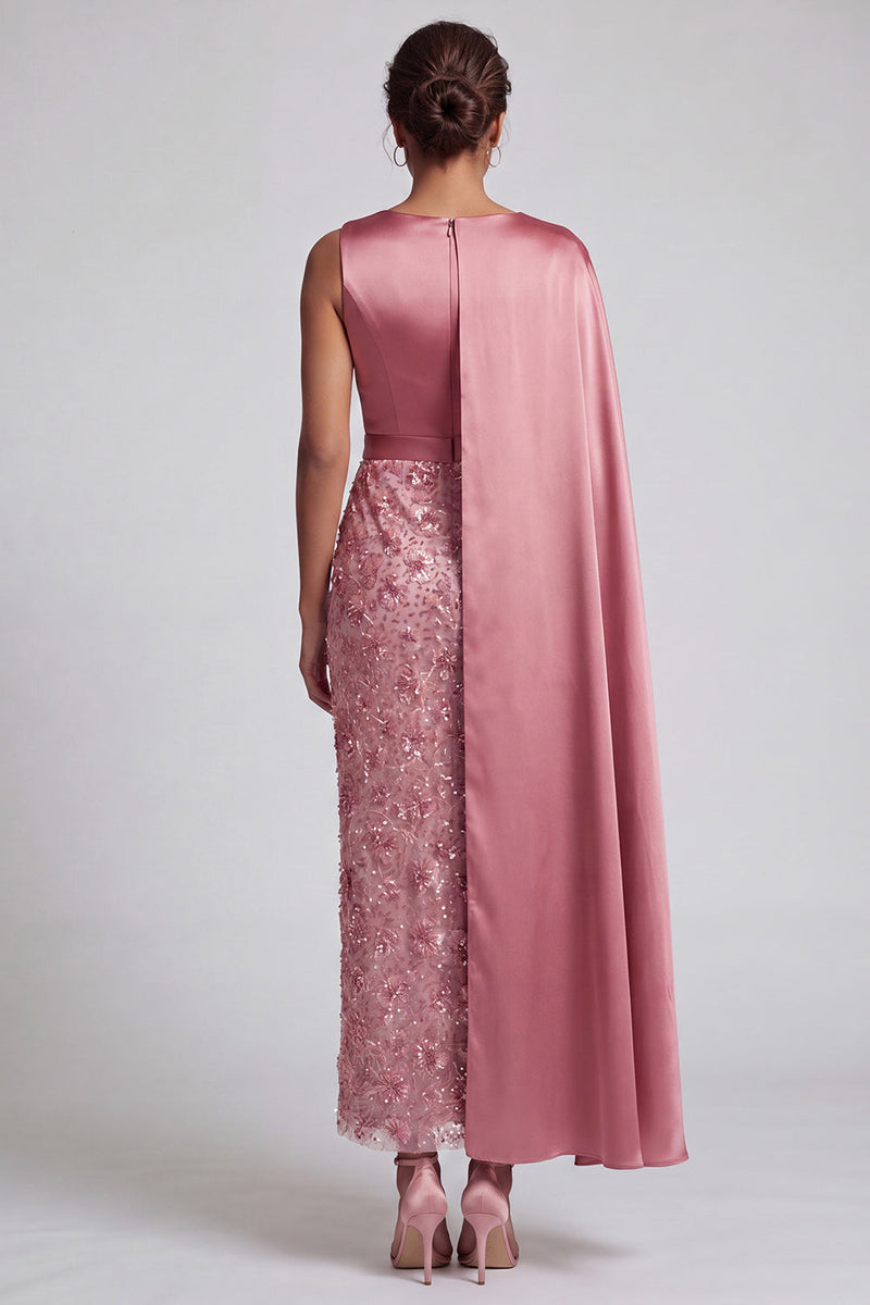 Load image into Gallery viewer, Sparkly Dusty Rose Sheath Beaded Long Mother of the Bride Dress with Side Cape