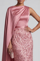 Load image into Gallery viewer, Sparkly Dusty Rose Sheath Beaded Long Mother of the Bride Dress with Side Cape