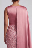 Load image into Gallery viewer, Sparkly Dusty Rose Sheath Beaded Long Mother of the Bride Dress with Side Cape