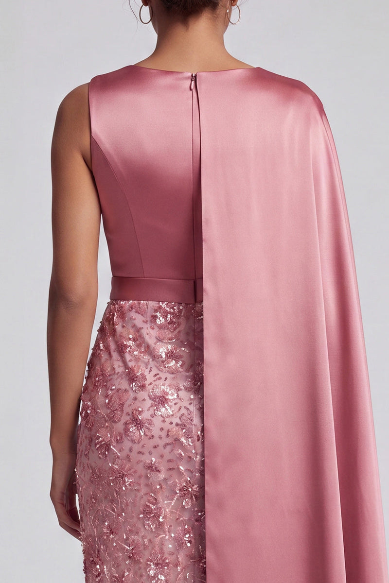 Load image into Gallery viewer, Sparkly Dusty Rose Sheath Beaded Long Mother of the Bride Dress with Side Cape