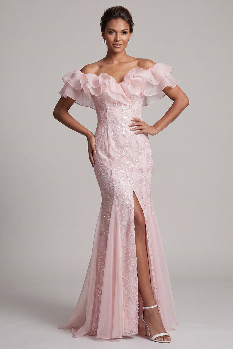 Load image into Gallery viewer, Sparkly Light Pink Mermaid Ruffled Sequins Long Mother of the Bride Dress