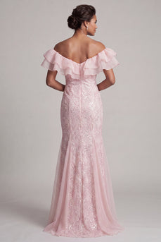 Sparkly Light Pink Mermaid Ruffled Sequins Long Mother of the Bride Dress
