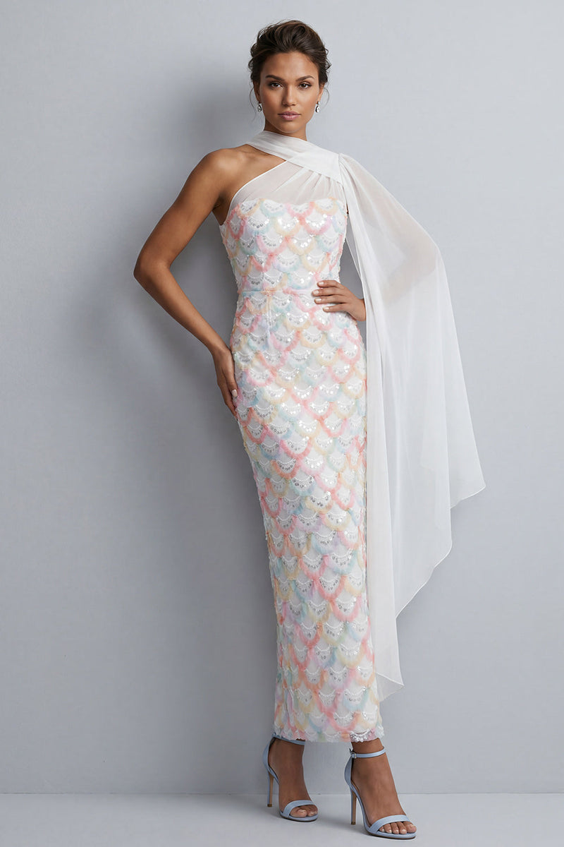Load image into Gallery viewer, Light Green Sheath Sequins Sparkly Long Mother of the Bride Dress with Side Cape