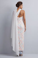 Load image into Gallery viewer, Light Green Sheath Sequins Sparkly Long Mother of the Bride Dress with Side Cape