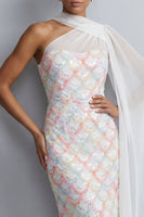 Load image into Gallery viewer, Light Green Sheath Sequins Sparkly Long Mother of the Bride Dress with Side Cape