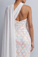 Load image into Gallery viewer, Light Green Sheath Sequins Sparkly Long Mother of the Bride Dress with Side Cape
