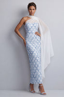 Load image into Gallery viewer, Light Green Sheath Sequins Sparkly Long Mother of the Bride Dress with Side Cape