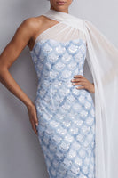 Load image into Gallery viewer, Light Green Sheath Sequins Sparkly Long Mother of the Bride Dress with Side Cape