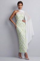 Load image into Gallery viewer, Light Green Sheath Sequins Sparkly Long Mother of the Bride Dress with Side Cape